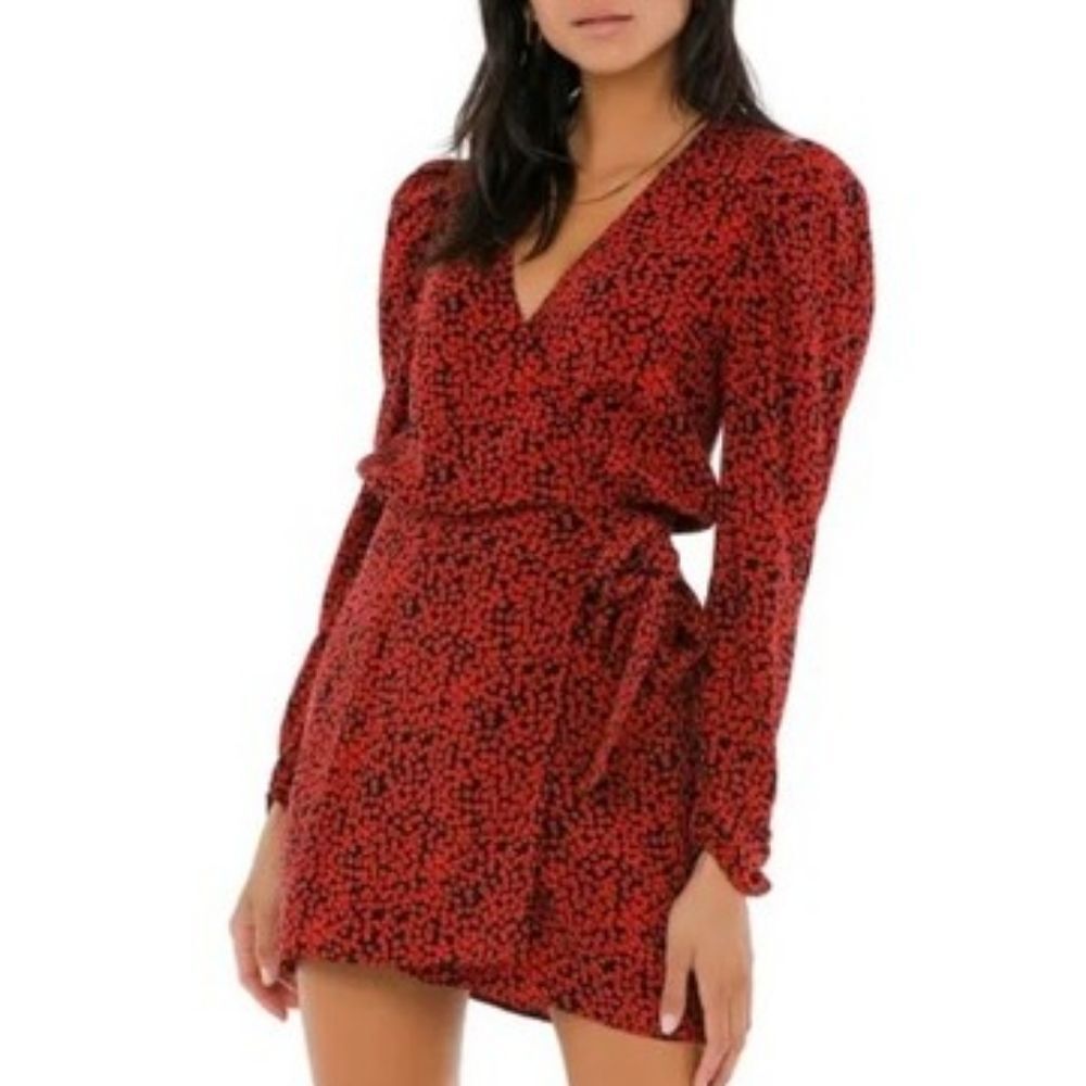 Free People Red Black Animal Print Leopard Puff Sleeve Kinsley Wrap Mini Dress 0